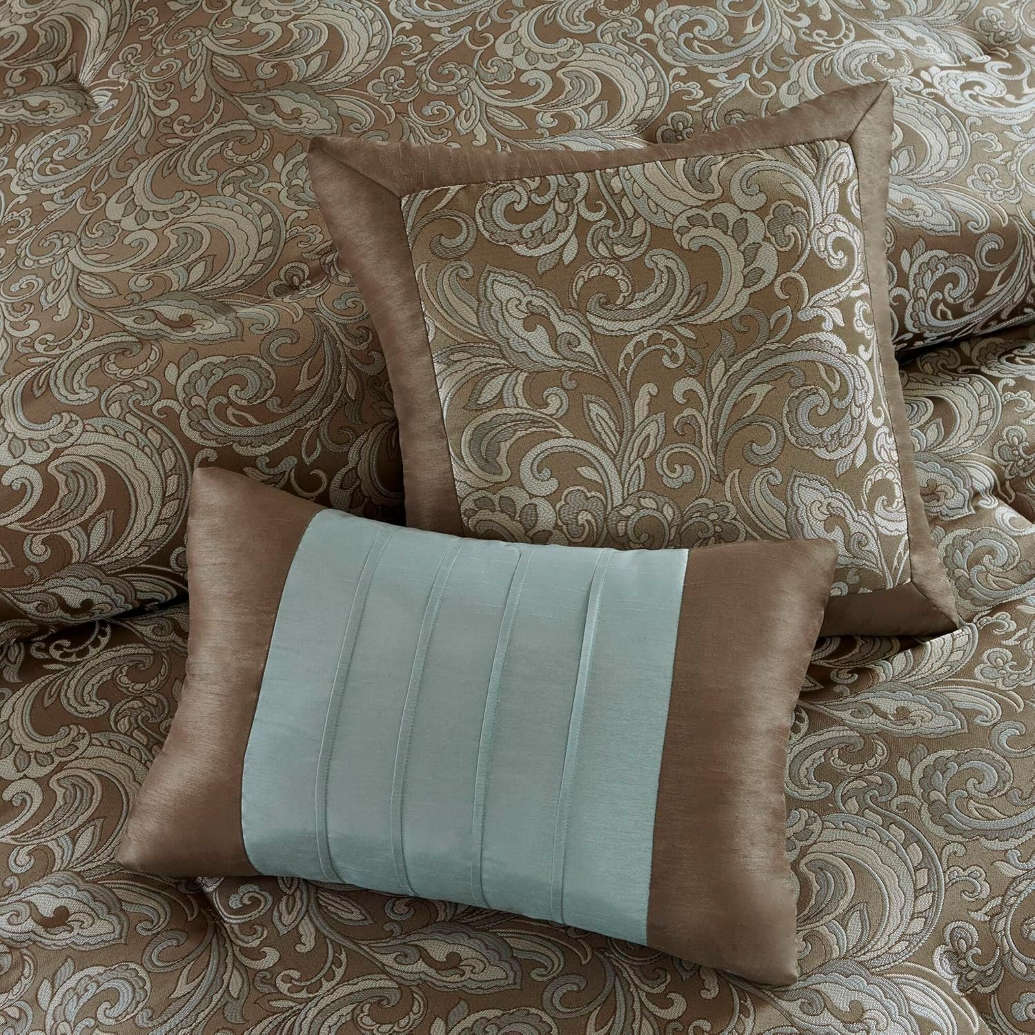 Luxe Faux Silk Jacquard Paisley Room in a Bag - 24 Pcs. with Matching Curtains, Decorative Pillows