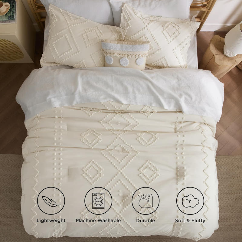 Juego de edredón tamaño queen, edredón blanco, juego de edredón bohemio con mechones estilo shabby chic, juego de cama vintage de 3 piezas para todas las estaciones, juego de cama suave y esponjoso con 2 fundas de almohada 