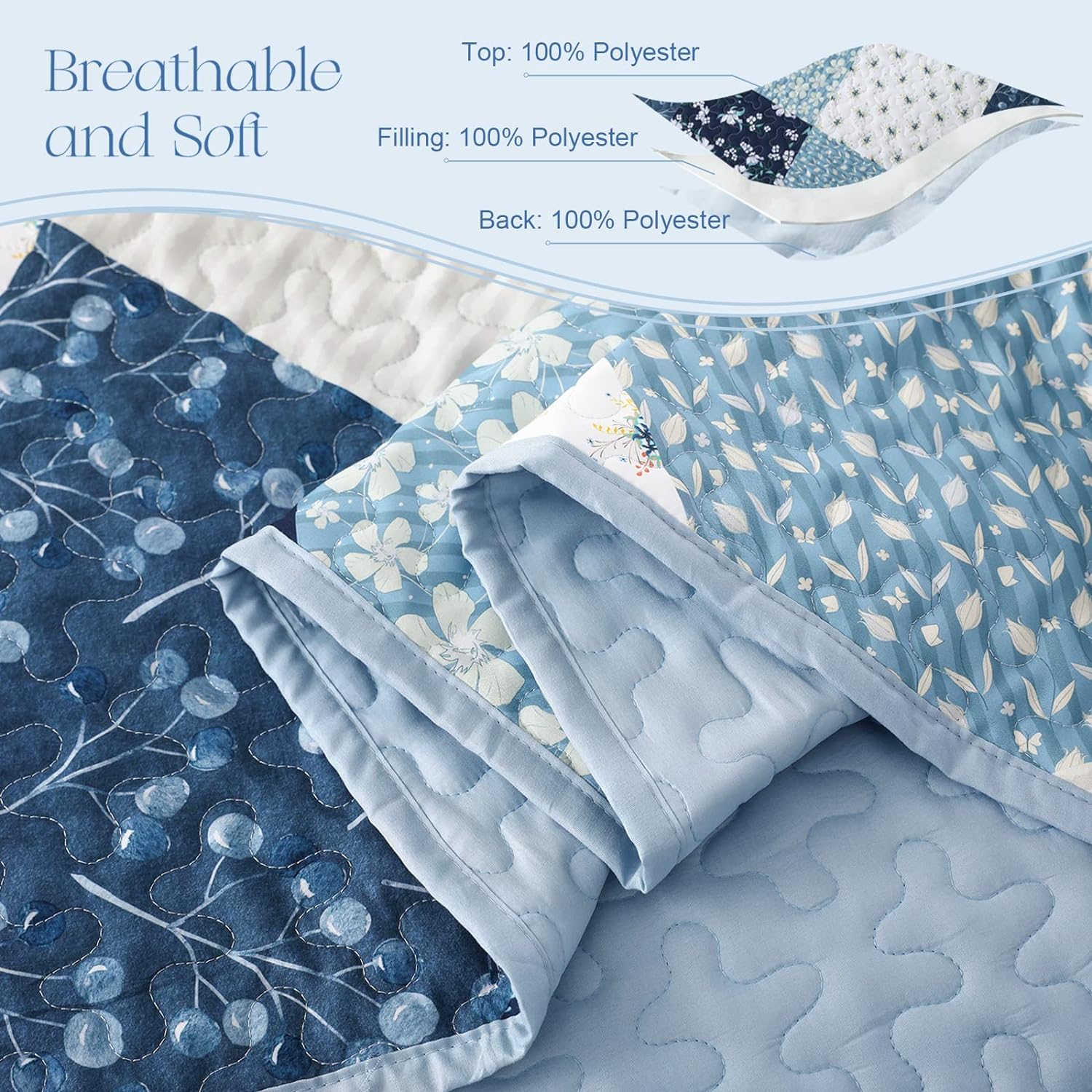 Juego de edredón reversible con diseño de patchwork bohemio y flores: juego de cama de 3 piezas para todas las estaciones