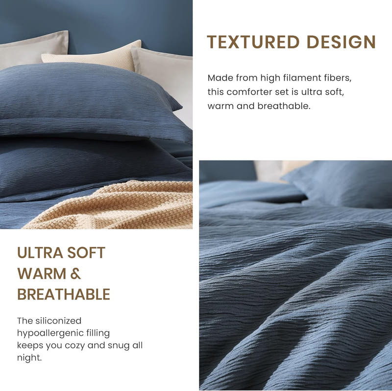 Juego de edredón Queen azul, juego de cama Queen texturizado para ropa de cama de primera calidad, juegos de cama Queen minimalistas de 3 piezas con edredón liviano y fundas (Queen, 90" x 90")