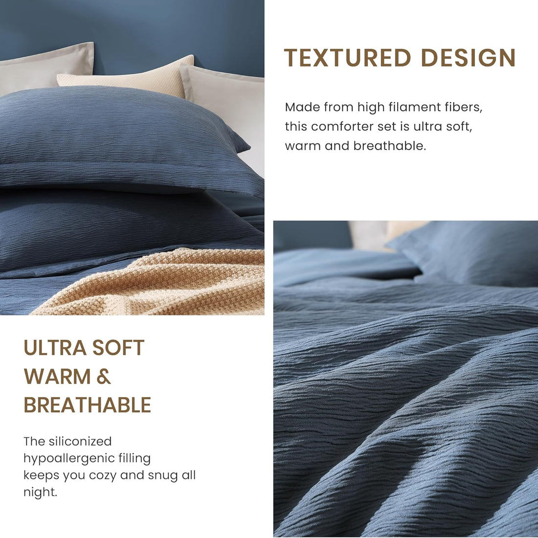 Blue Queen Comforter Set, Textured Queen Bed Set for Premium Bedding, Minimalist Queen Size Bedding Sets 3 Piece with Lightweight Comforter & Shams (Queen, 90"x90")