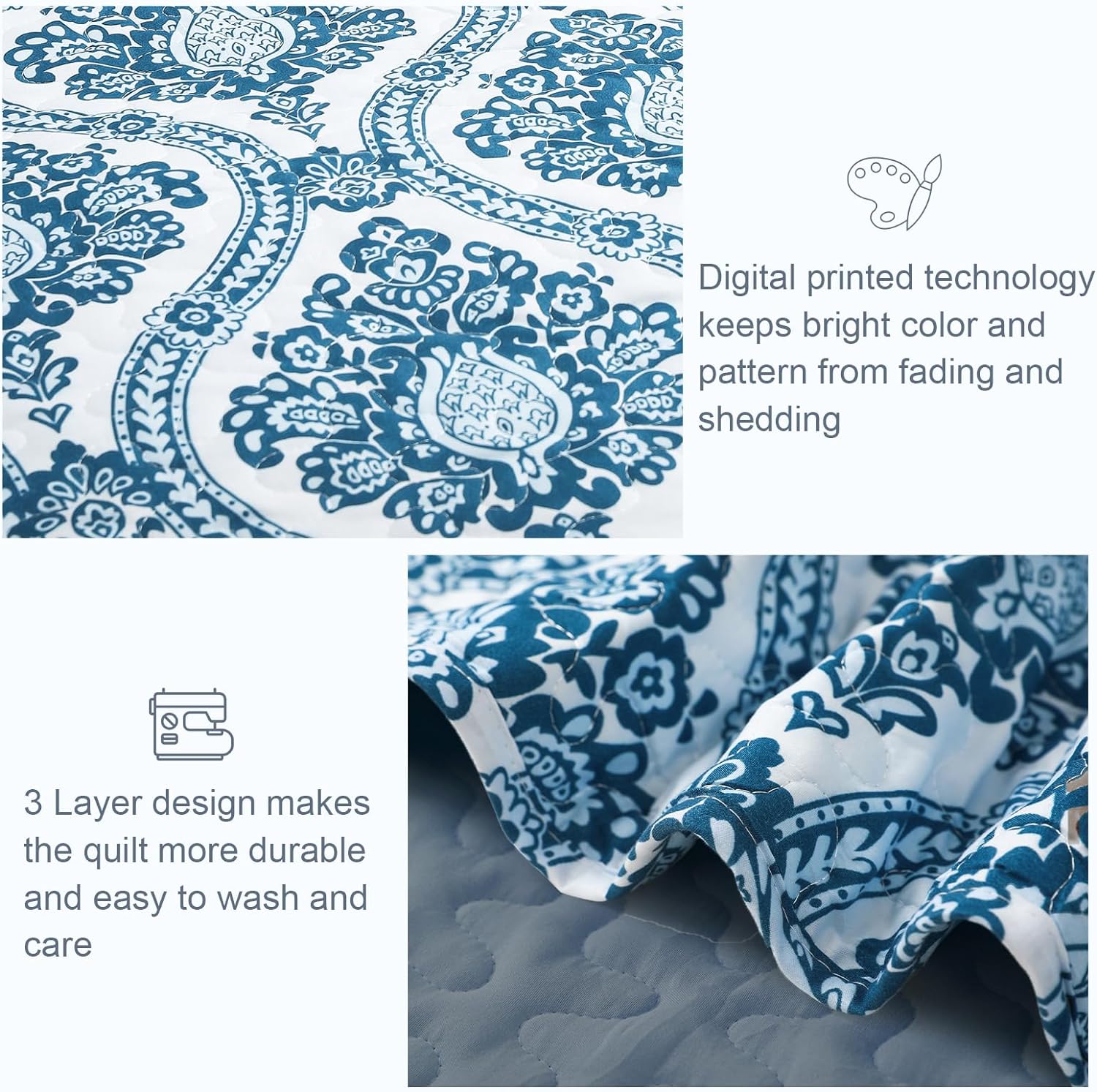 Reversible Damask Boho Quilt Set - 3 Pieces All Season Ultra Soft Bedspread