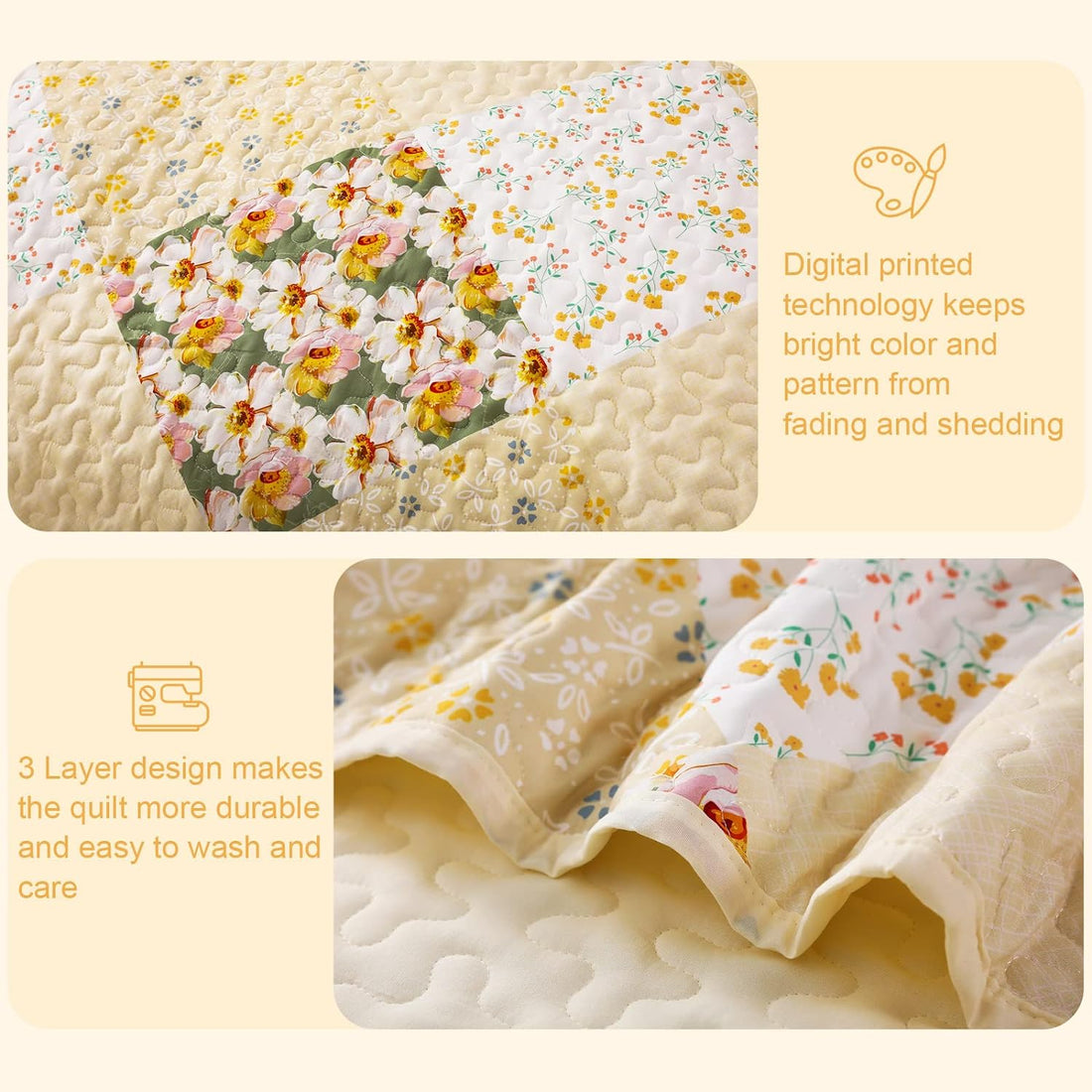 Reversible Floral Boho Patchwork Quilt Set - 3 Pcs All Season Bedspread