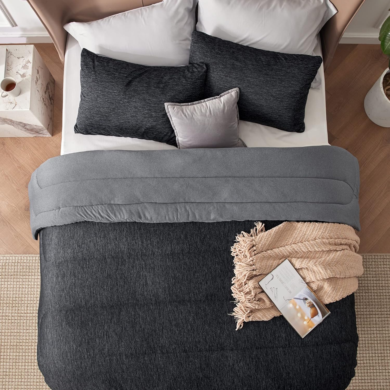 Comforter Set - Cooling and Warm Bed Set, Charcoal Black Reversible For All Season, 3 Pieces, 1 Queen Size Comforter (88"x88") and 2 Pillow Cases (20"x26")