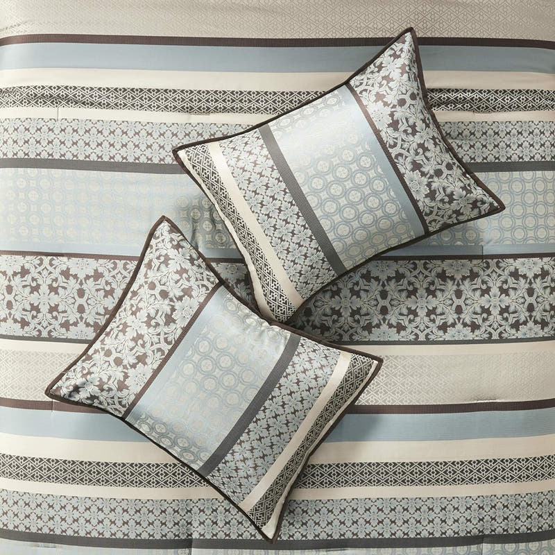 Juego de cama en bolsa de lujo con diseño de damasco y jacquard: 7 piezas con fundas de almohada y faldón de cama a juego