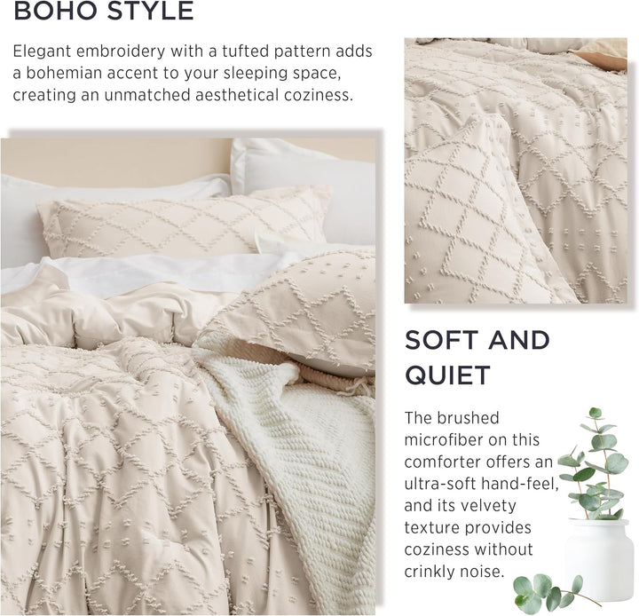 Juego de edredón tamaño queen, edredón beige, juego de edredón bohemio con mechones estilo shabby chic, juego de cama vintage de 3 piezas para todas las estaciones, juego de cama suave y esponjoso con 2 fundas de almohada