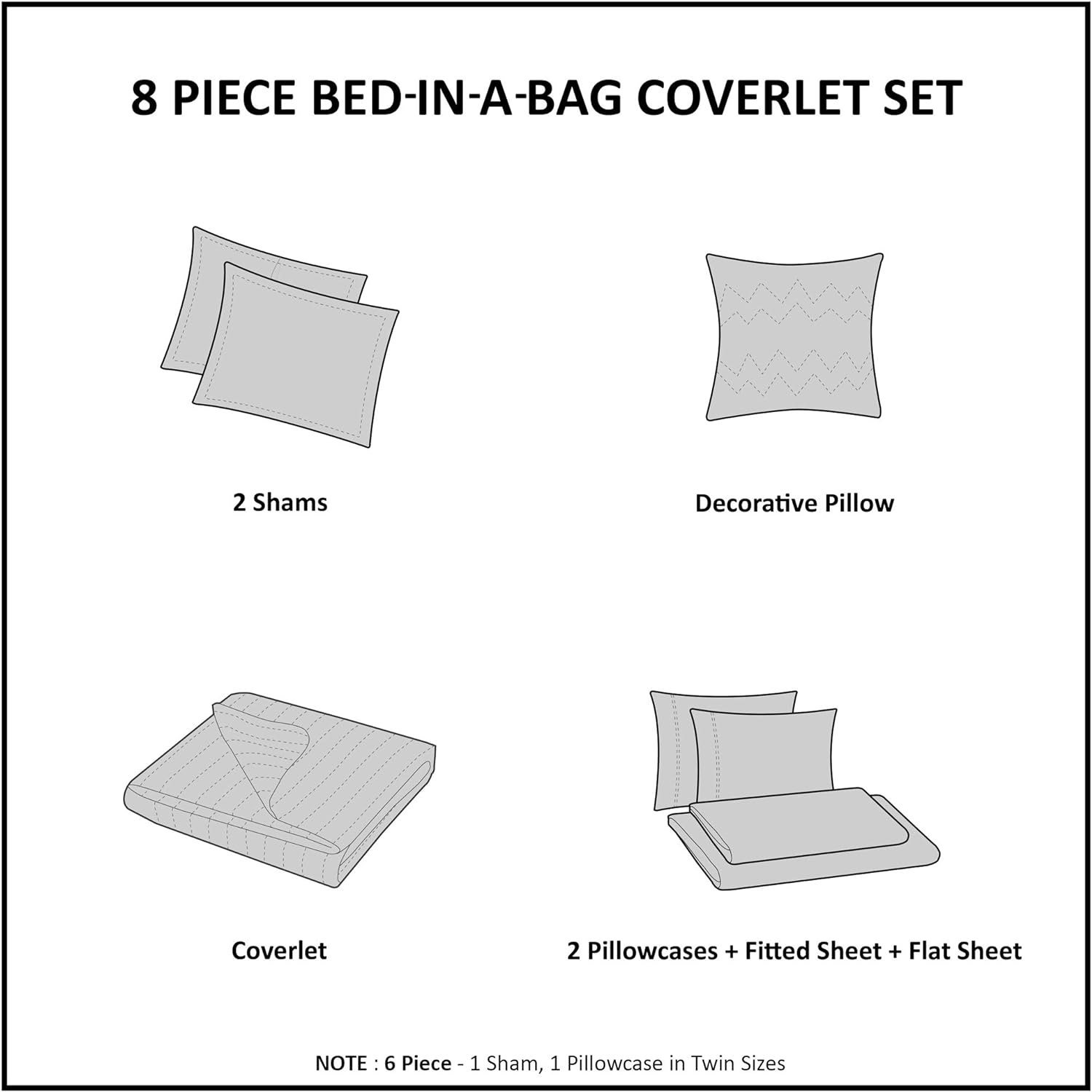 Reversible Striped Quilted Bed in A Bag Set - 8 Pcs. with Sheet Set, Decorative Pillow