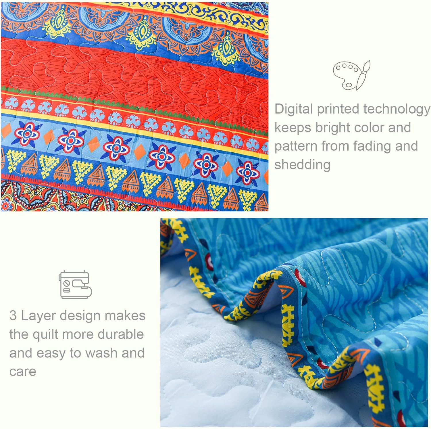 Reversible Ultra Soft Boho Pattern Quilt Set - 3 Pcs. Bohemian All Season