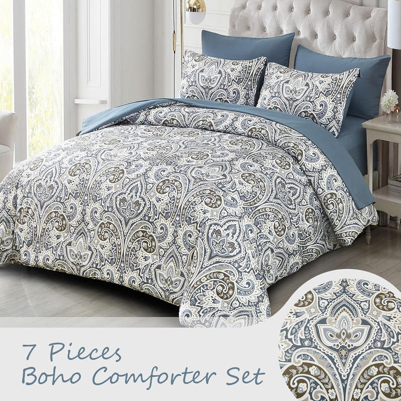 Juego de cama con estampado de cachemira en una bolsa: juego de 7 piezas de edredón bohemio azul