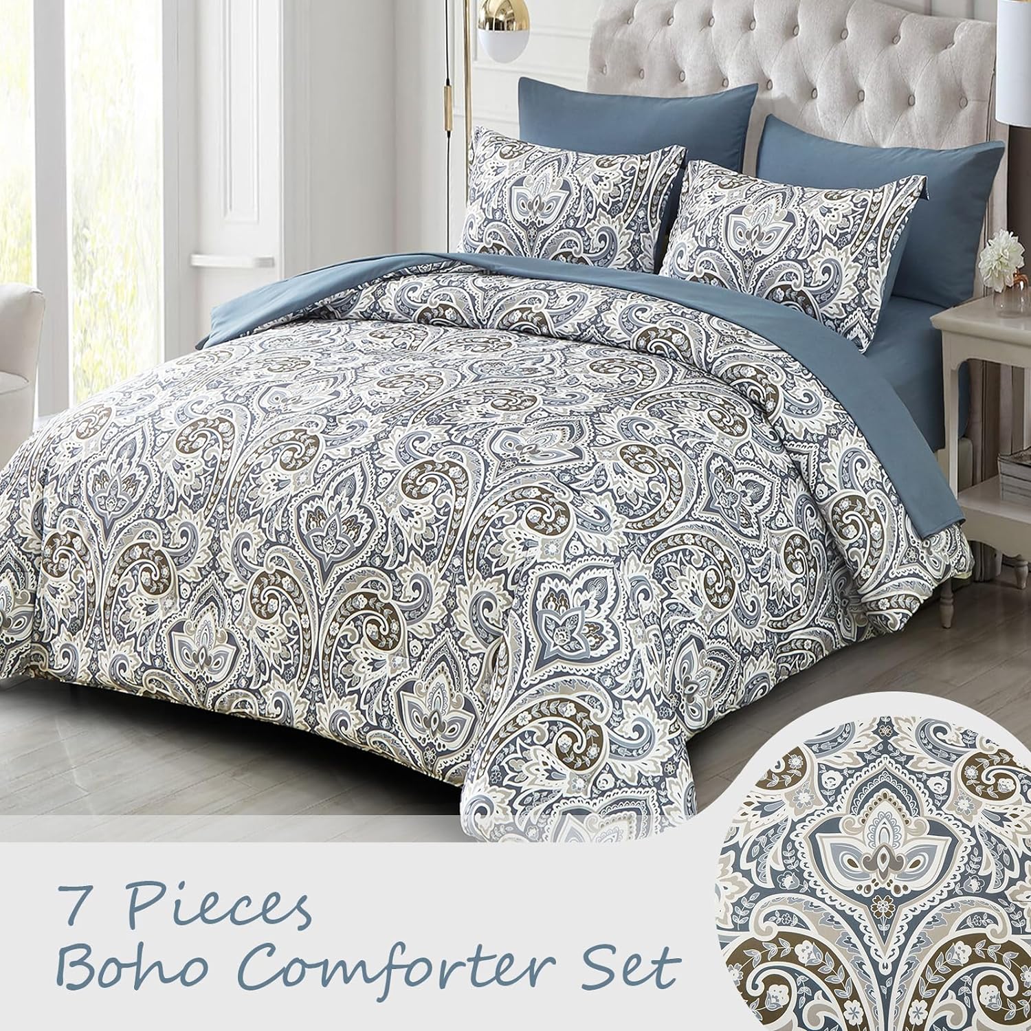 Paisley Pattern Bed in a Bag Set - 7 Pcs Blue Boho Comforter Set