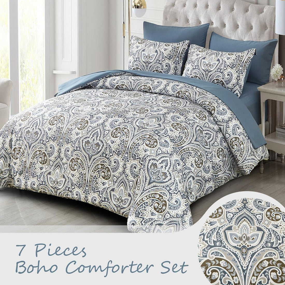 Juego de cama con estampado de cachemira en una bolsa: juego de 7 piezas de edredón bohemio azul