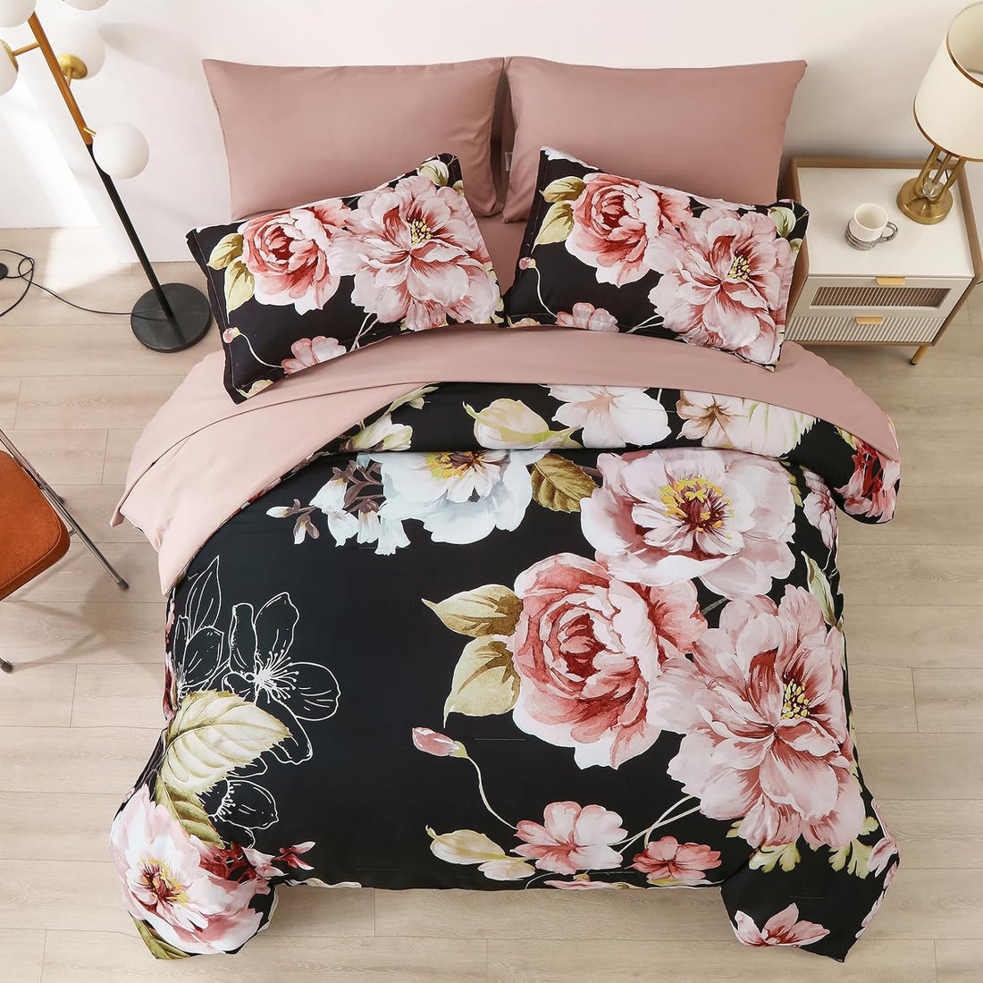 Juego de cama con estampado floral en una bolsa: juego de 7 piezas de edredón con estampado floral rosa