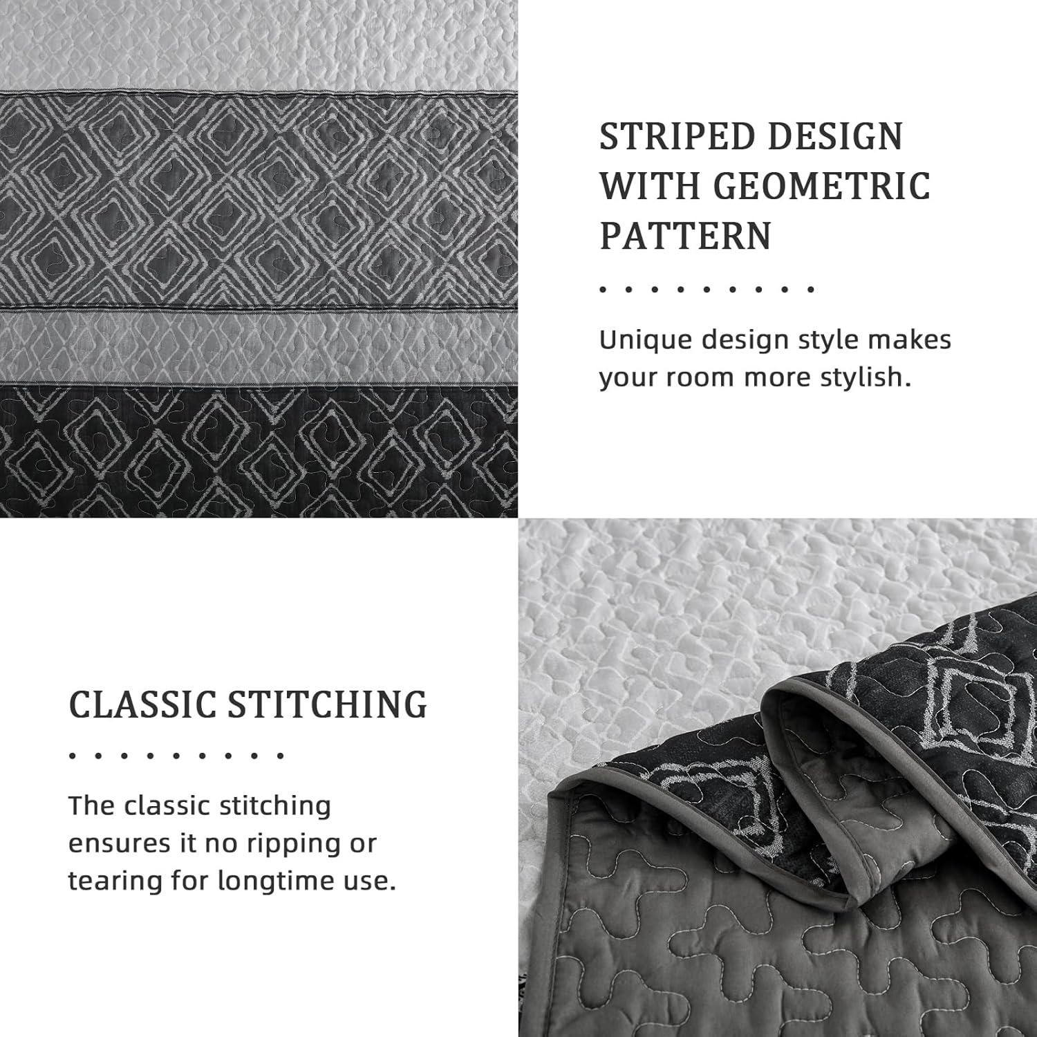 Striped Geometric Boho Quilt Set - 3 Pcs Ultra-Soft Bedspread Set