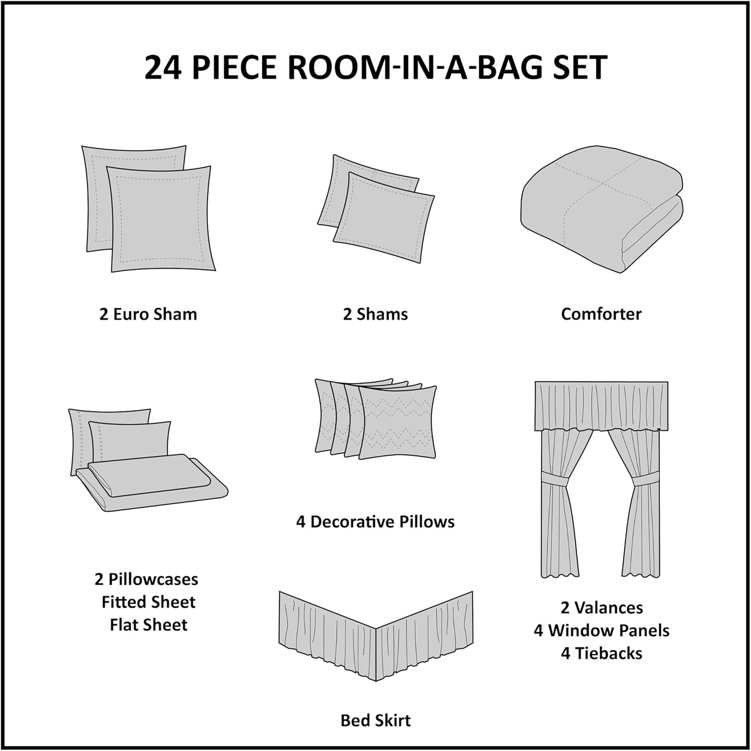 Luxe Set-Satin Elegant Room in a Bag Set - 24 Pcs. with Matching Curtains, Decorative Pillows