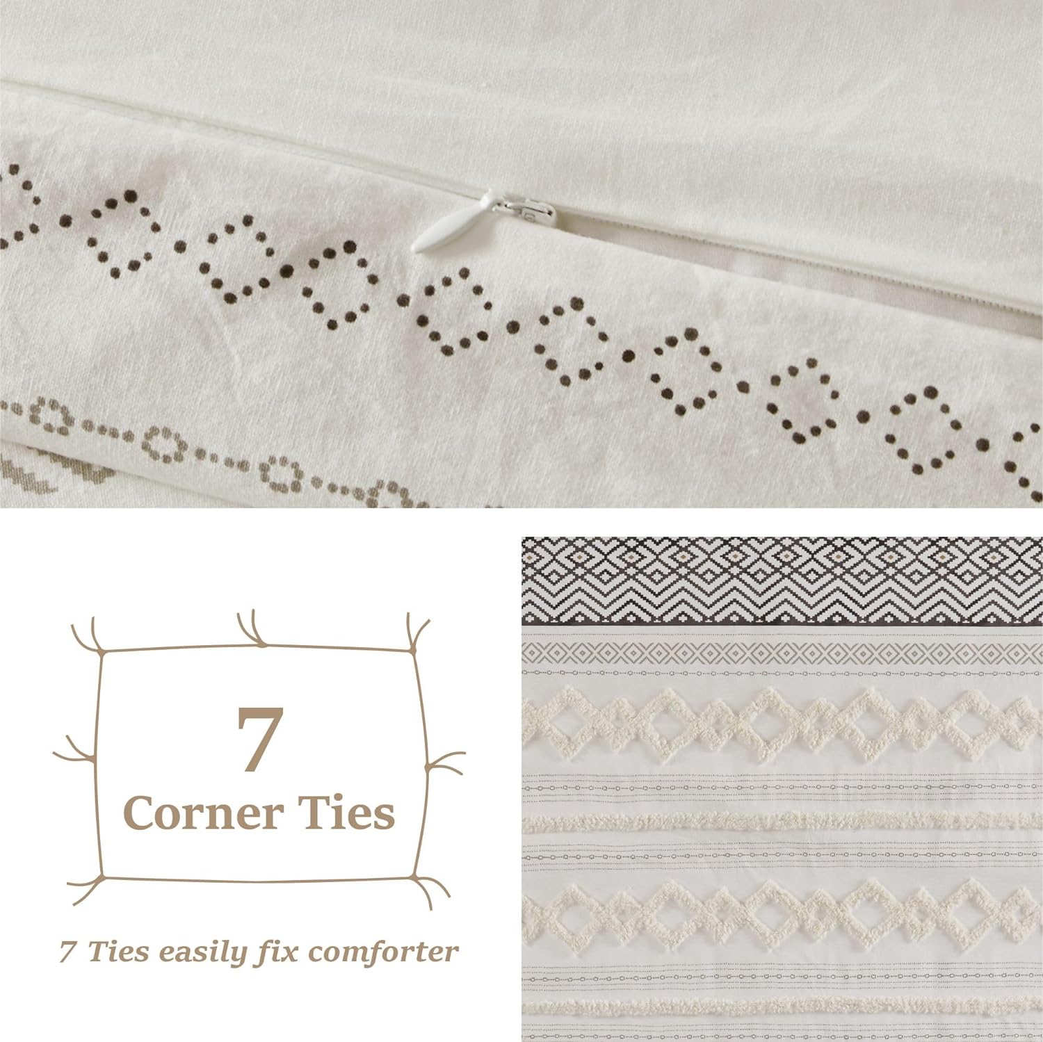 Funda nórdica bohemia con mechones modernos, 3 piezas, algodón texturizado estilo granja