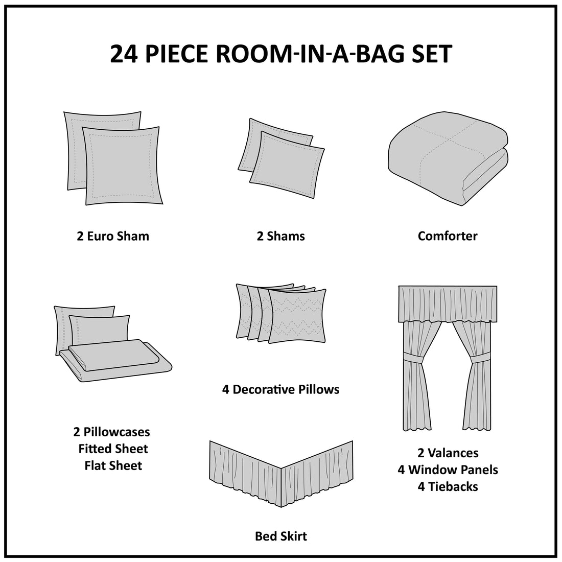 Luxe Faux Silk Tufted Diamond Room in a Bag Set - 24 Pcs. with Matching Curtains, Decorative Pillows