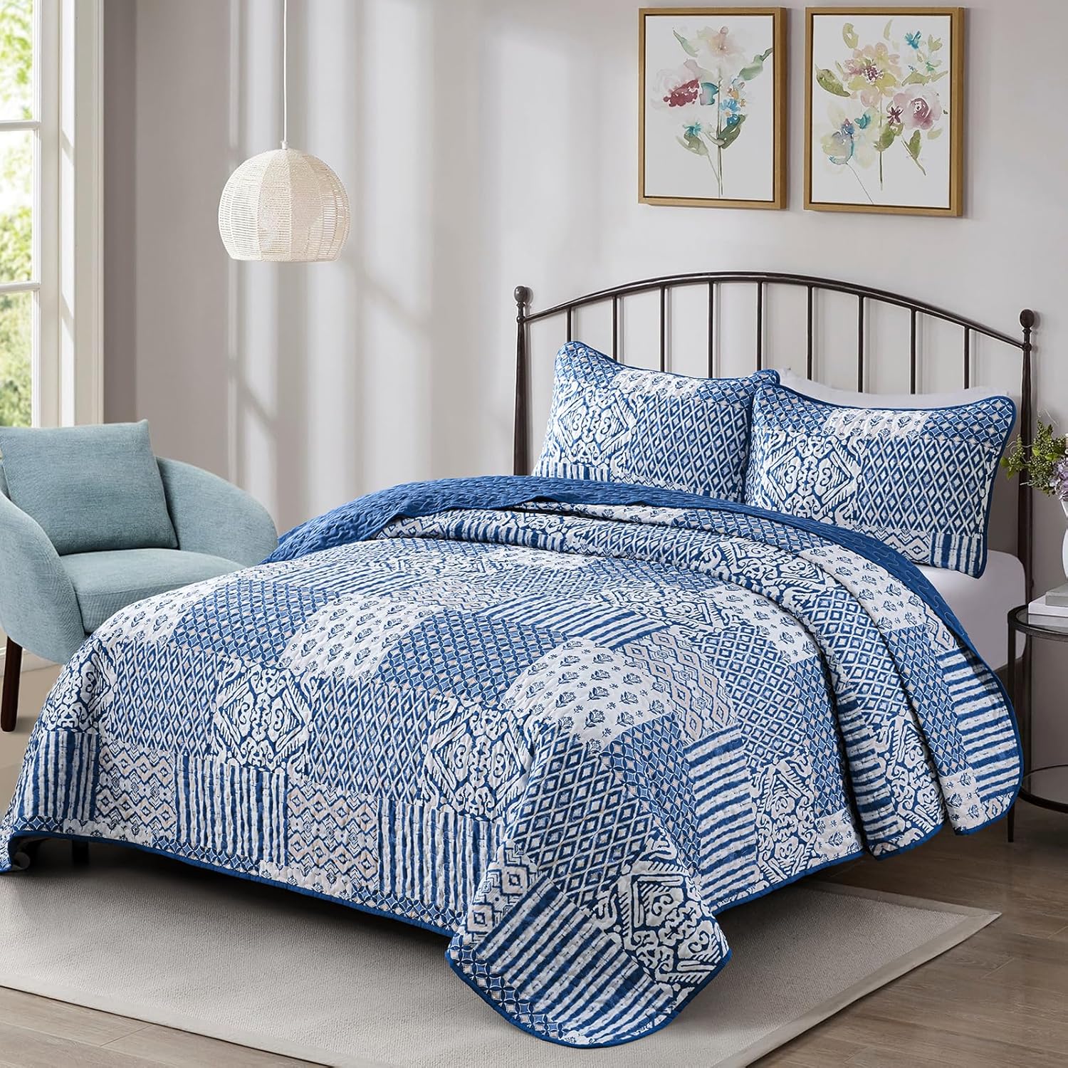 Juego de edredón con diseño de patchwork geométrico y bohemio floral: juego de 3 piezas