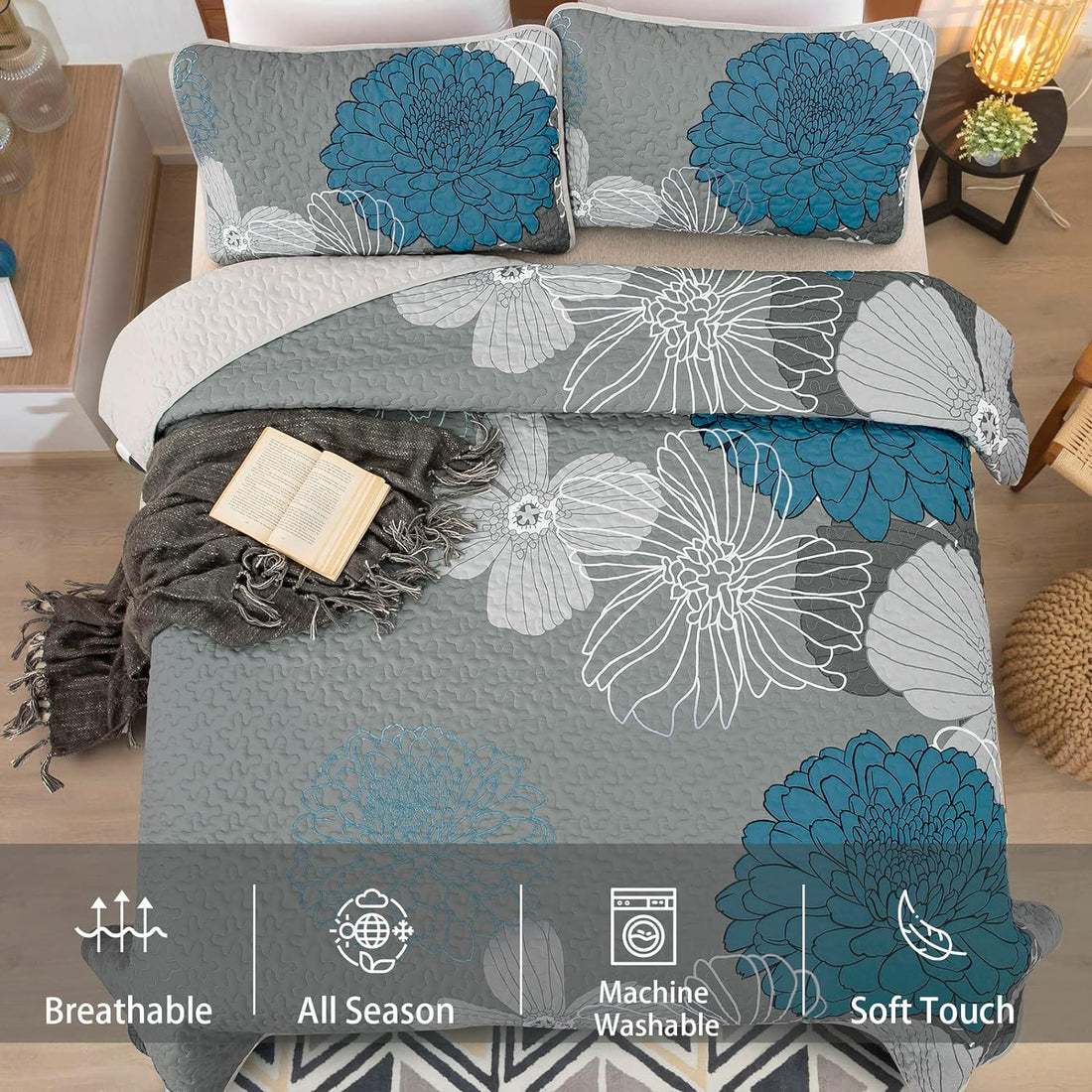 Lightweight Floral Boho Quilt Set - 3 Pcs All Season Bedspread