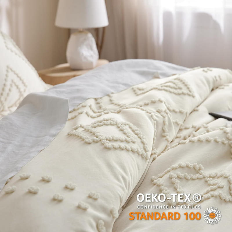 Juego de edredón tamaño queen, edredón blanco, juego de edredón bohemio con mechones estilo shabby chic, juego de cama vintage de 3 piezas para todas las estaciones, juego de cama suave y esponjoso con 2 fundas de almohada 