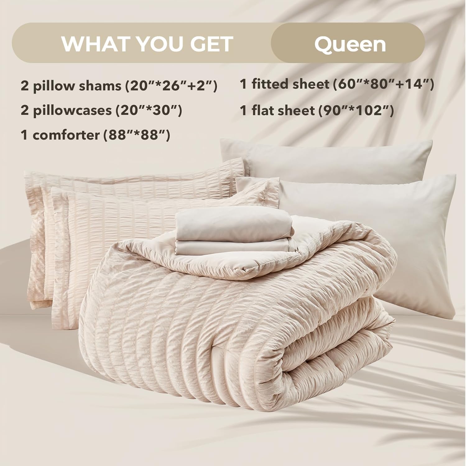 Crinkle Seersucker Bed in a Bag Set - 7 Pcs Beige Textured Comforter Set