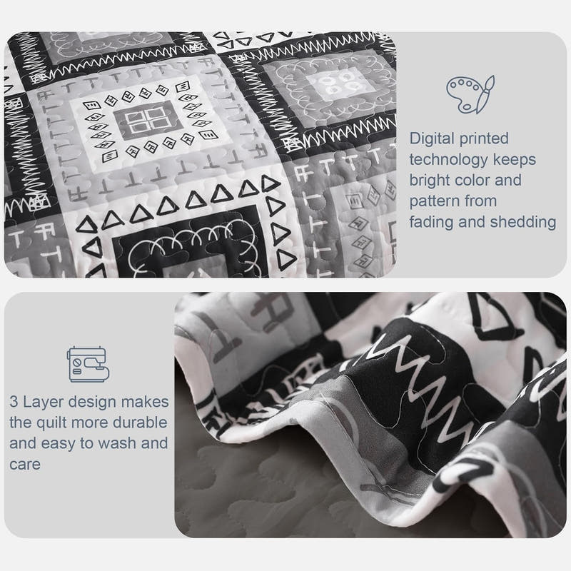 Juego de edredón bohemio geométrico con patchwork reversible: juego de colcha de 3 piezas para todas las estaciones