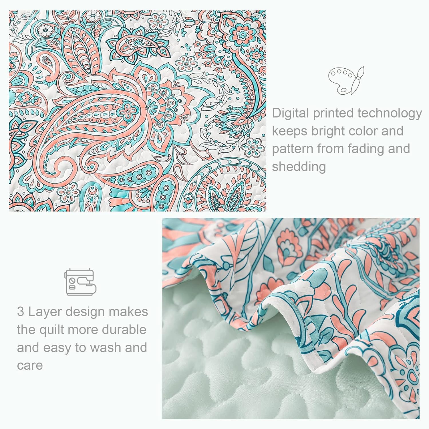 Reversible Paisley Boho Quilt Set - 3 Pcs All Season Bedspread Set