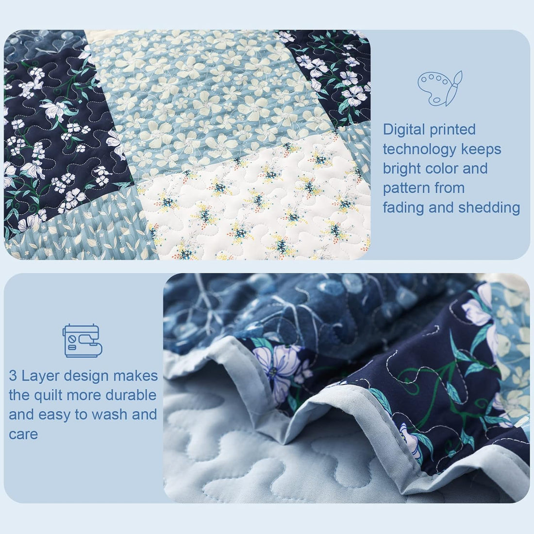 Reversible Floral Boho Patchwork Quilt Set - 3 Pcs All Season Bedding Set