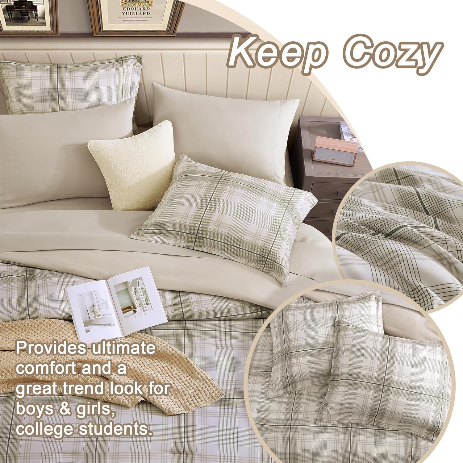 Juego de cama clásico a cuadros en una bolsa: juego de 7 piezas de edredón estilo granja