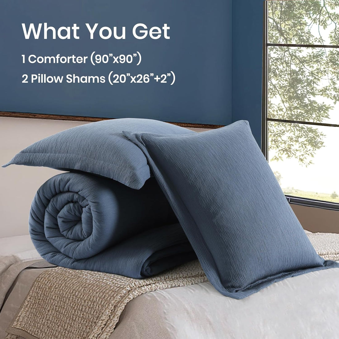 Blue Queen Comforter Set, Textured Queen Bed Set for Premium Bedding, Minimalist Queen Size Bedding Sets 3 Piece with Lightweight Comforter & Shams (Queen, 90"x90")