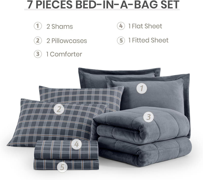 Juego de edredón Queen de vellón: 7 piezas, cama en una bolsa, juegos de edredones de felpa azul grisáceo, juego de edredón Queen suave y cálido con sábanas, edredón, fundas de almohada y fundas