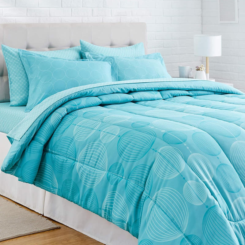 Juego de edredón tamaño matrimonial o queen con sábanas, ropa de cama industrial verde azulado de 5 piezas, microfibra liviana Bed-in-a-Bag