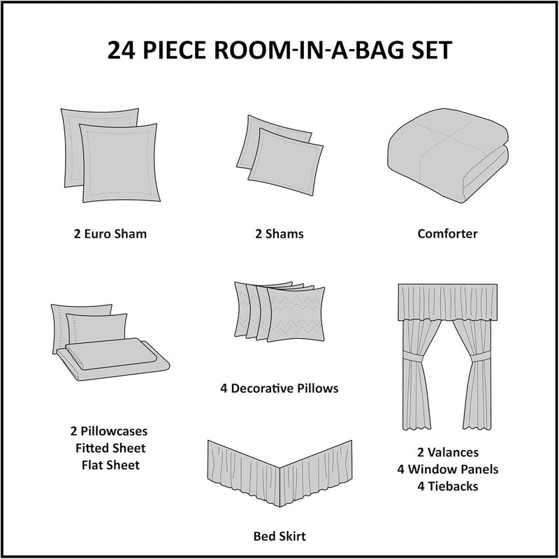 Luxe Faux Silk Jacquard Paisley Room in a Bag - 24 Pcs. with Matching Curtains, Decorative Pillows