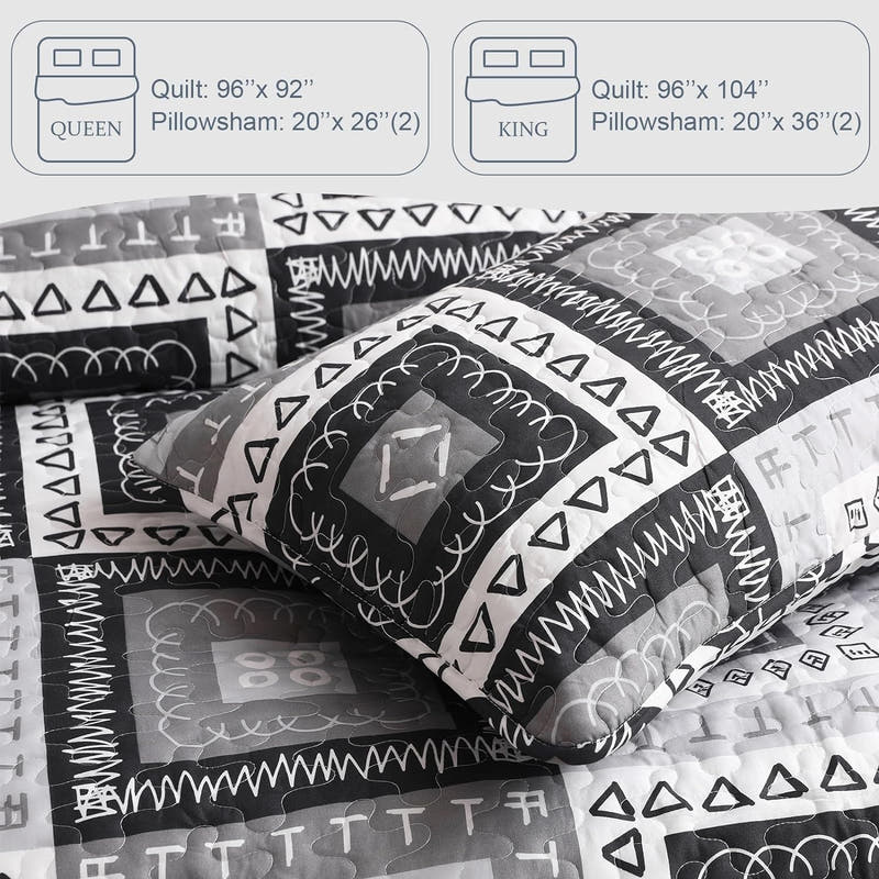 Juego de edredón bohemio geométrico con patchwork reversible: juego de colcha de 3 piezas para todas las estaciones