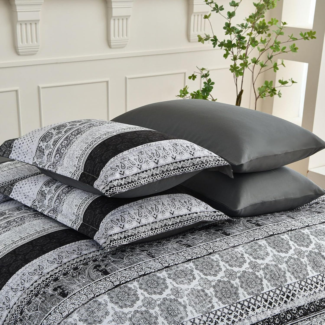 Juego de cama con estampado floral bohemio en una bolsa: juego de 8 piezas de edredón de microfibra a rayas