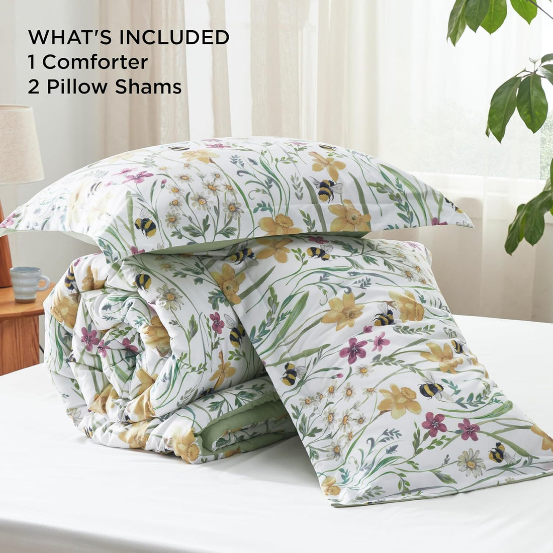 Juego de edredón reversible con motivos florales, 3 piezas. Juego de ropa de cama botánico