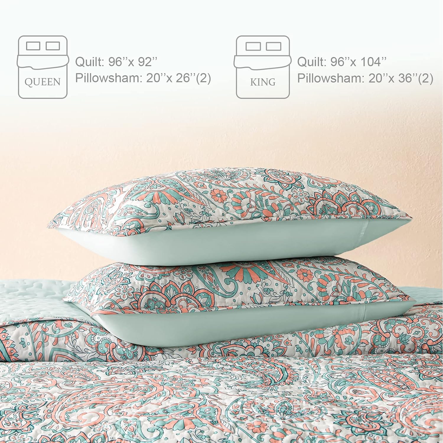 Reversible Paisley Boho Quilt Set - 3 Pcs All Season Bedspread Set