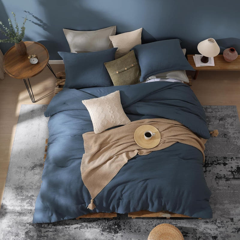 Juego de edredón Queen azul, juego de cama Queen texturizado para ropa de cama de primera calidad, juegos de cama Queen minimalistas de 3 piezas con edredón liviano y fundas (Queen, 90" x 90")