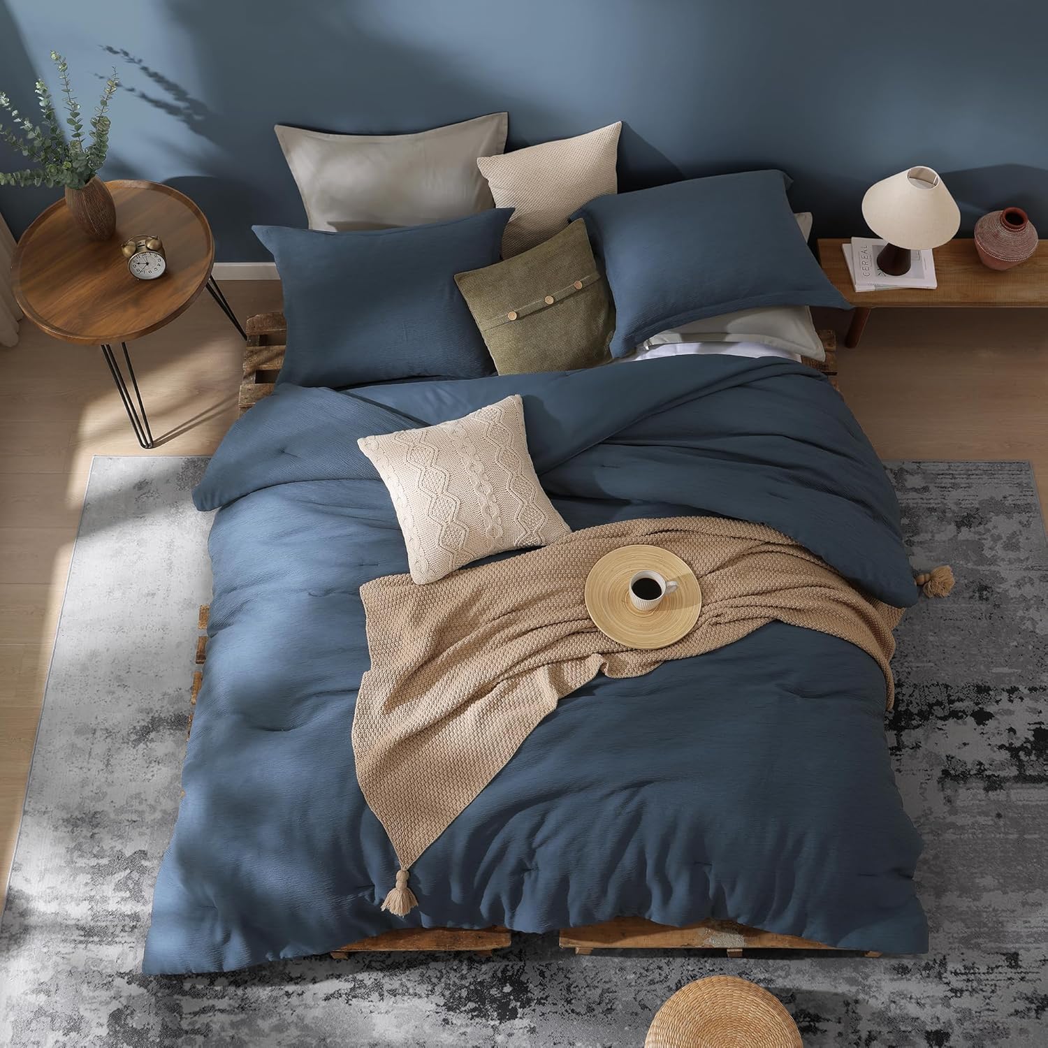 Juego de edredón Queen azul, juego de cama Queen texturizado para ropa de cama de primera calidad, juegos de cama Queen minimalistas de 3 piezas con edredón liviano y fundas (Queen, 90" x 90")