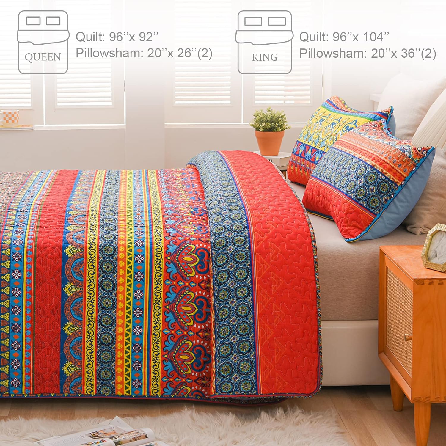 Reversible Ultra Soft Boho Pattern Quilt Set - 3 Pcs. Bohemian All Season