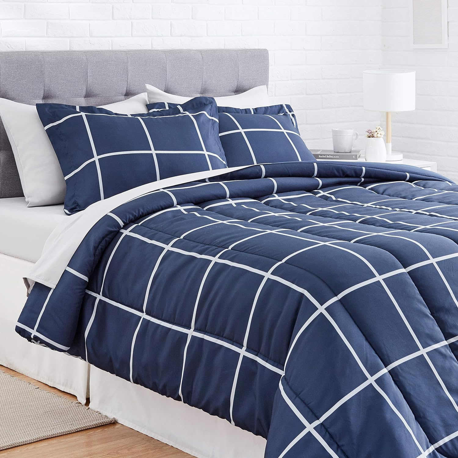 Full/Queen Comforter Set with Sheets, 5-Piece Navy with Grey Plaid Bedding, Lightweight Microfiber Bed-in-a-Bag