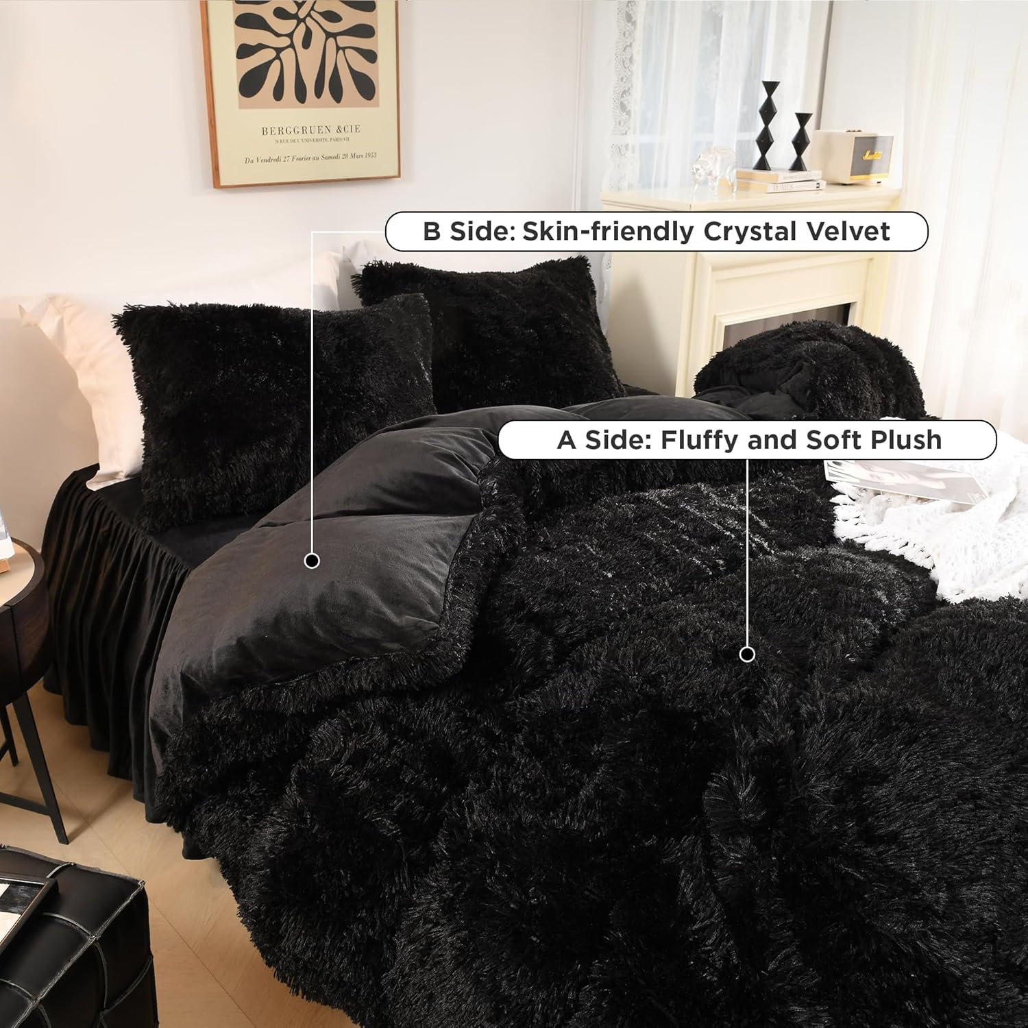 Black Fluffy Comforter Queen, Luxury Fuzzy Plush Faux Fur Bedding Set for Queen Bed, Ultra Soft Velvet Warm Comforter 3 Pieces(1 Shaggy Comforter 90×90 Inch, 2 Pillowcases)