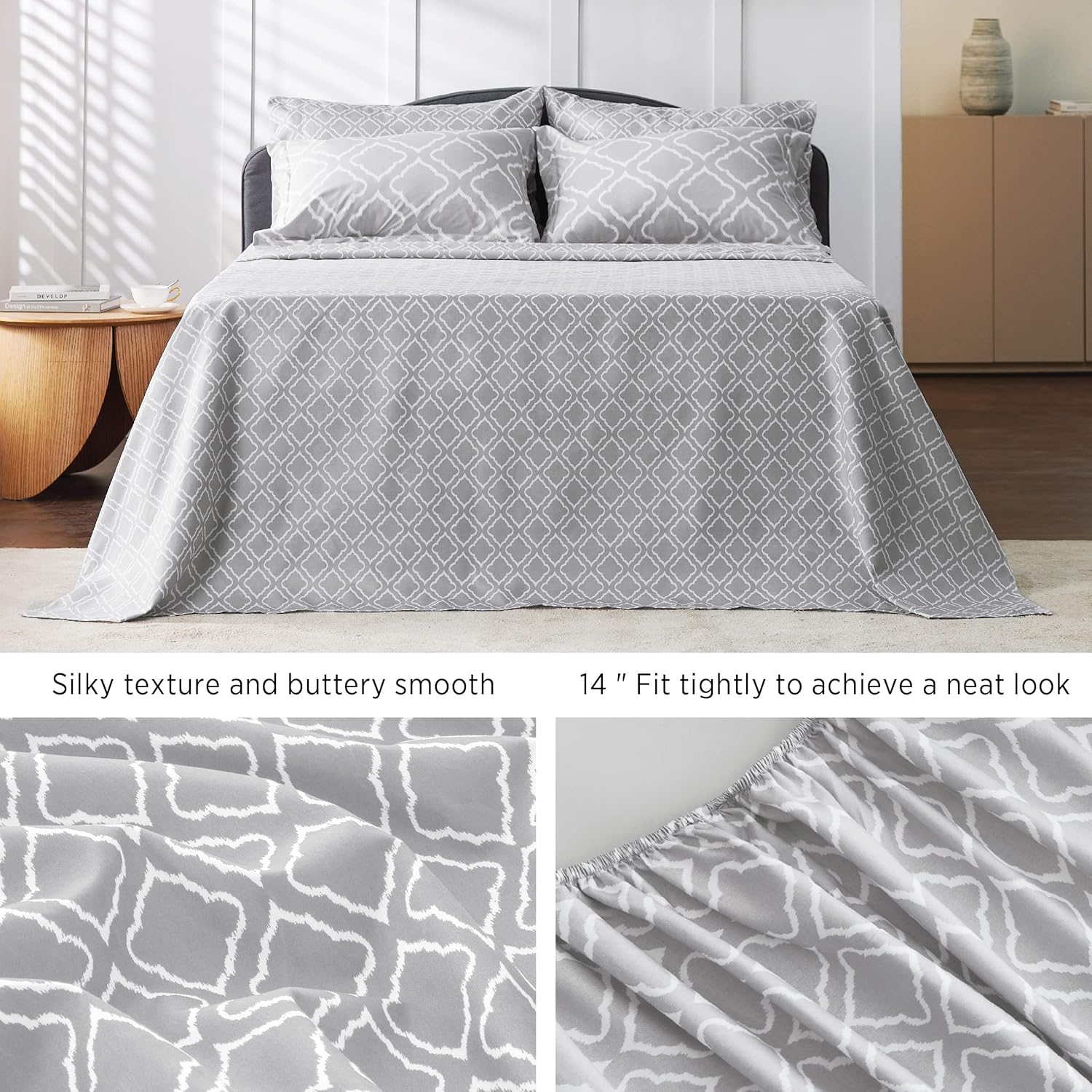 Quatrefoil Reversible Bed in a Bag Set - 7 Pcs Gray Geometric Comforter Set