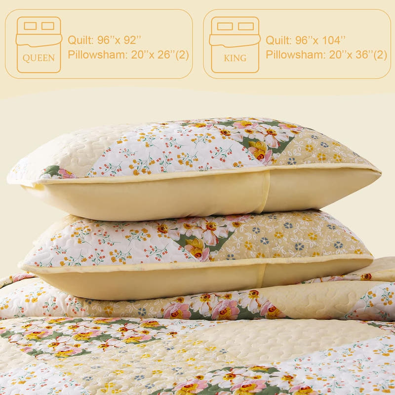 Juego de edredón reversible con diseño de patchwork bohemio y flores: 3 piezas para todas las estaciones