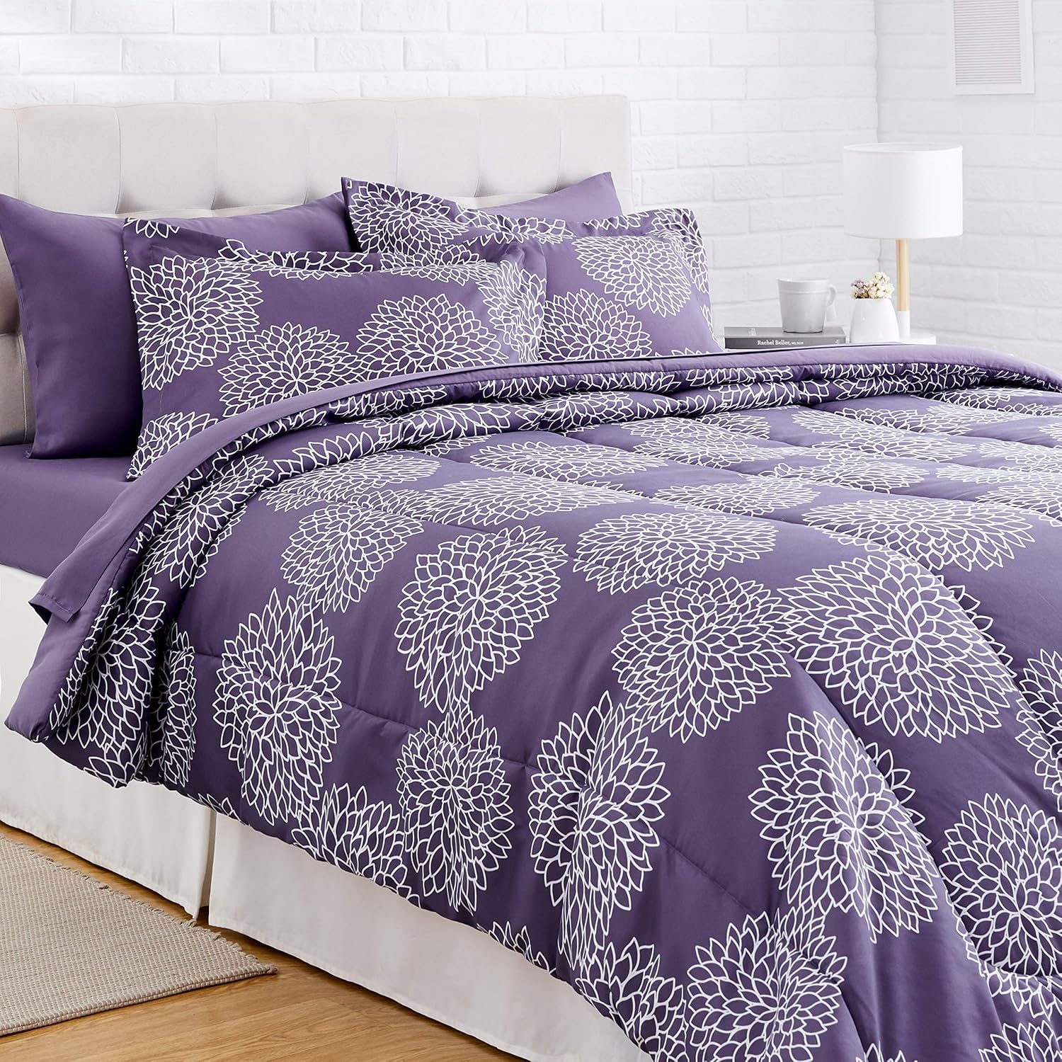 Full/Queen Comforter Set with Sheets, 5-Piece Purple Floral Bedding, Lightweight Microfiber Bed-in-a-Bag