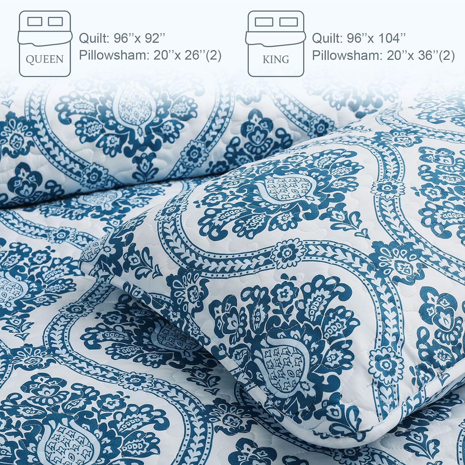 Reversible Damask Boho Quilt Set - 3 Pieces All Season Ultra Soft Bedspread