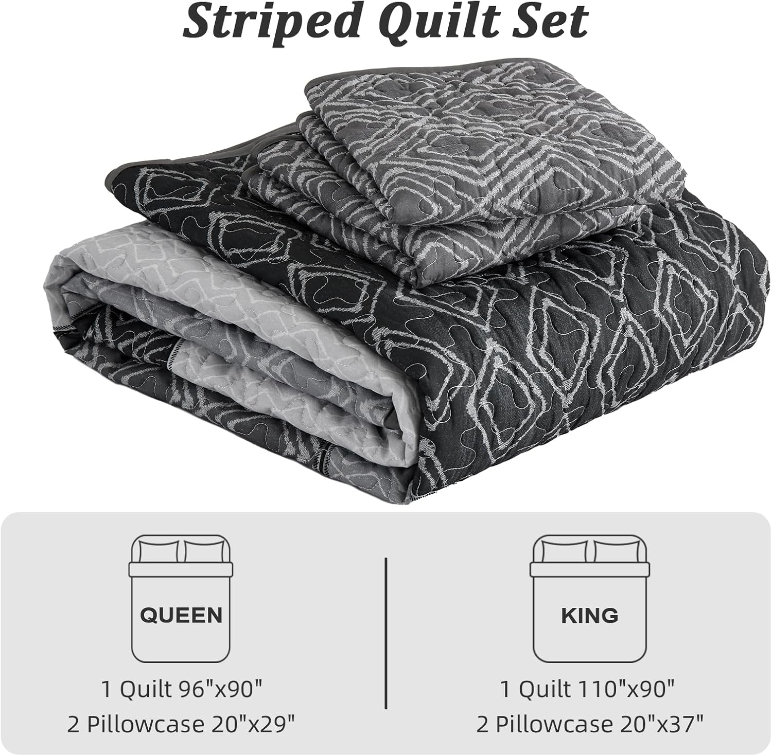 Striped Geometric Boho Quilt Set - 3 Pcs Ultra-Soft Bedspread Set