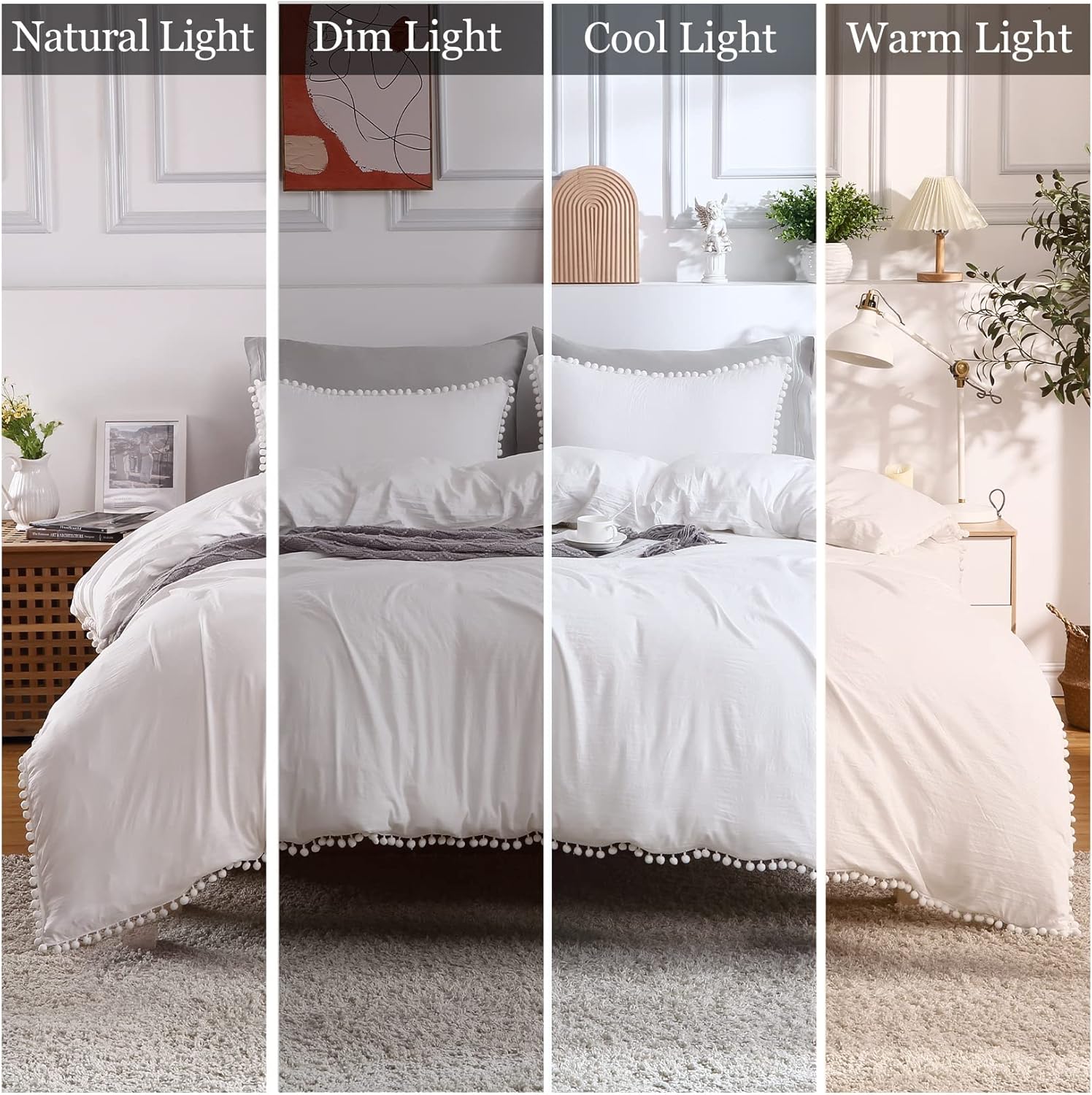 Washed Microfiber Duvet Cover Set, 3 Pcs. with Pom-Pom Fringe