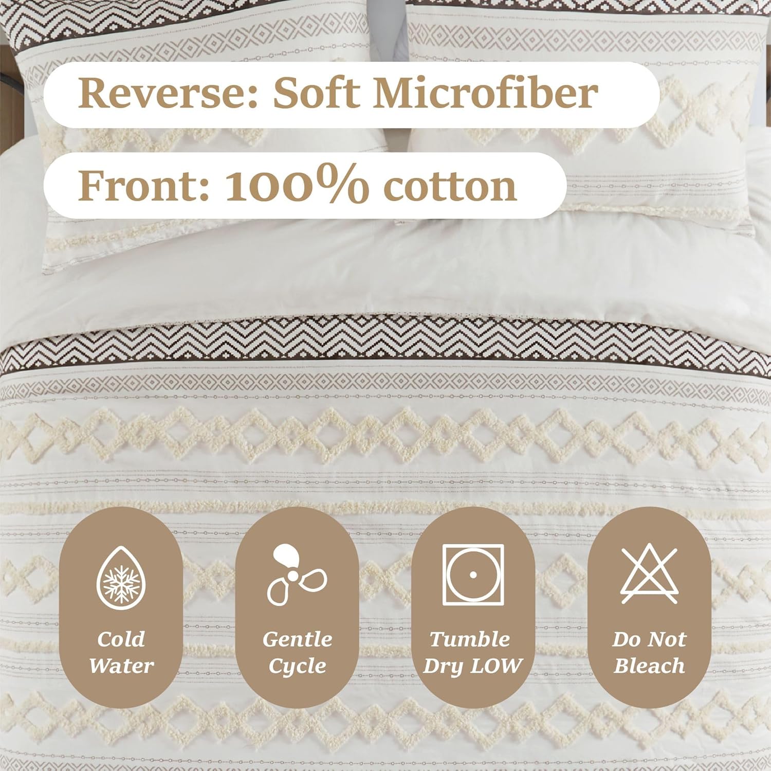 Funda nórdica bohemia con mechones modernos, 3 piezas, algodón texturizado estilo granja