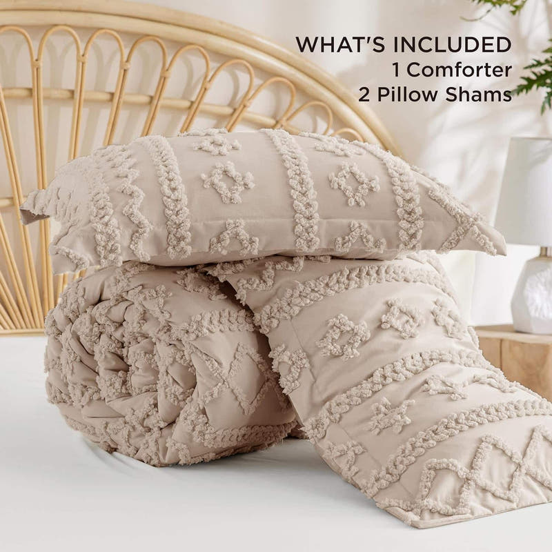 Beige textured comforter and pillow shams on a bed with text overlay.