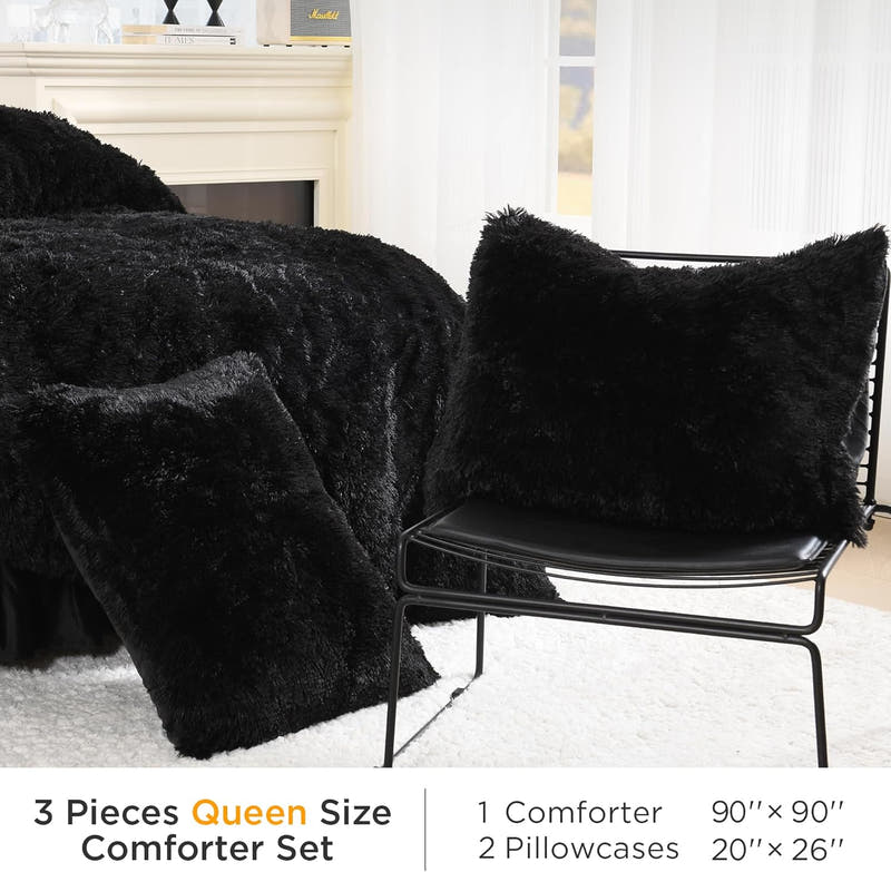 Edredón mullido negro tamaño Queen, juego de cama de piel sintética de felpa difusa de lujo para cama tamaño Queen, edredón cálido de terciopelo ultra suave, 3 piezas (1 edredón peludo de 90 × 90 pulgadas, 2 fundas de almohada) 